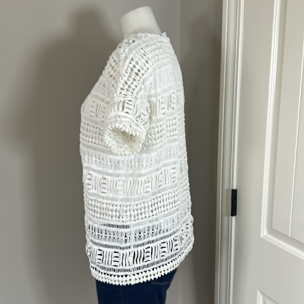 Vince Geometric Lace Crochet Top Short Sleeve Lined Cotton White Career Sz S - Picture 4 of 10